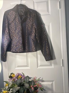 Barry Wang Men’s Medium Navy Gold Floral Dress Shirt Silk Blend